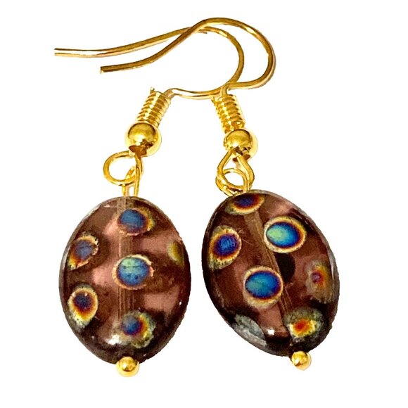 Murano Art Glass Oval Bead Earrings Czech Blue Circles Gold Plated HandMade - Picture 1 of 10